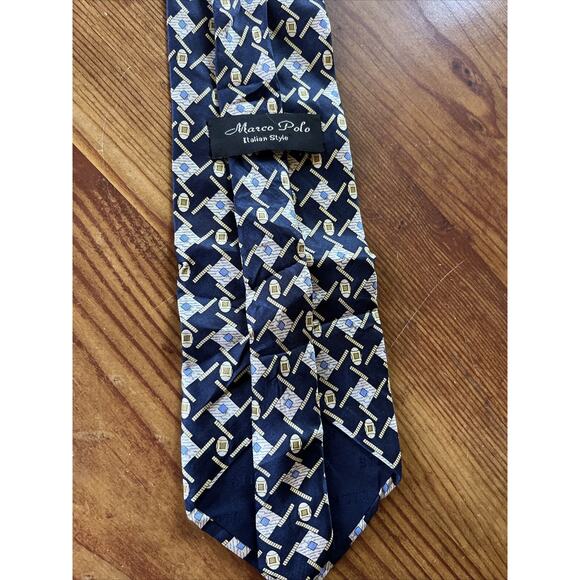 Marco Polo Italian Style Men’s Navy Blue Abstract Geometric Silk Necktie - Picture 4 of 7